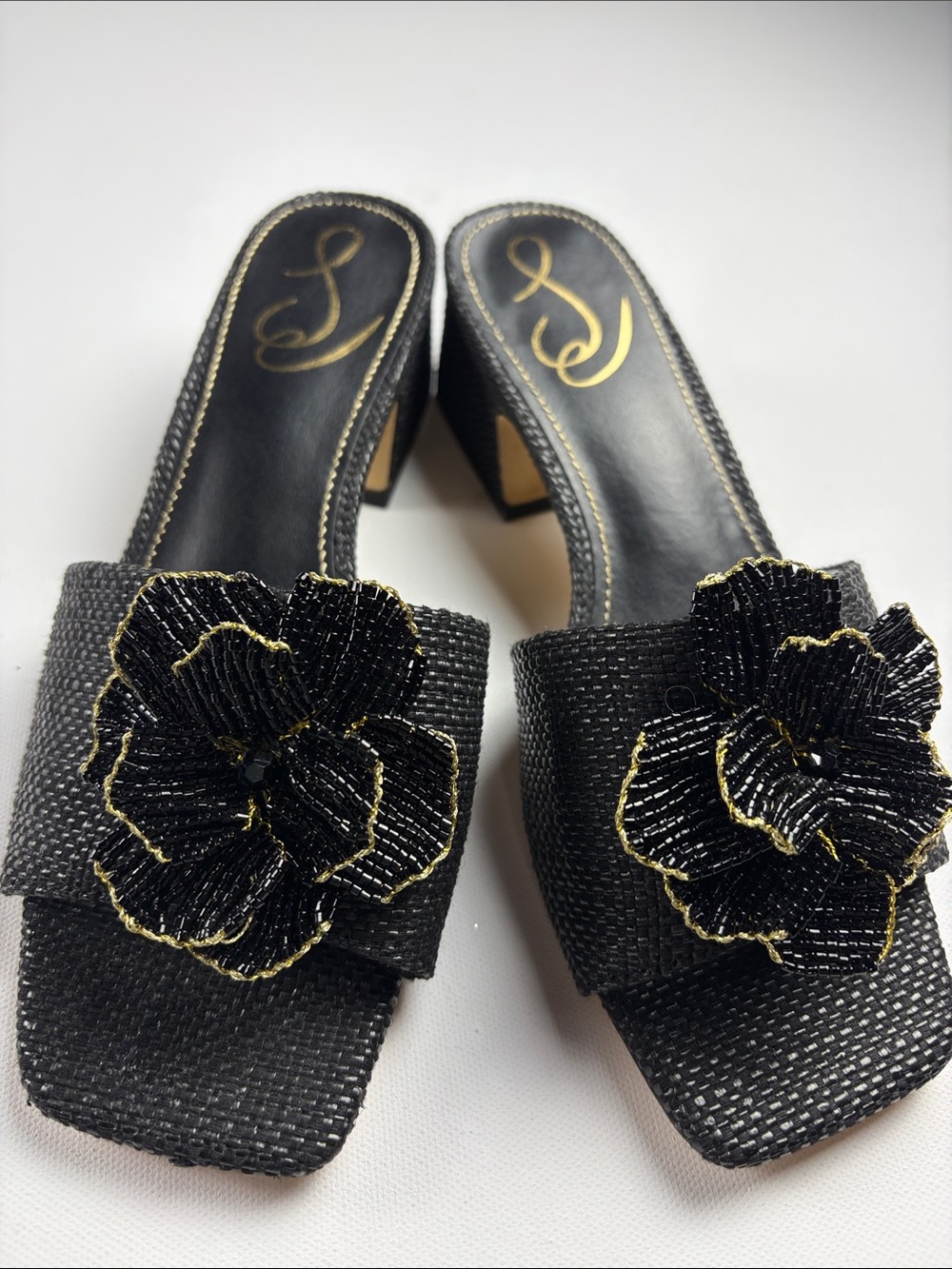 SAM EDELMAN WINSLEY BLACK RAFFIA FLORAL BLOCK HEEL SANDAL SIZE 7 NEW